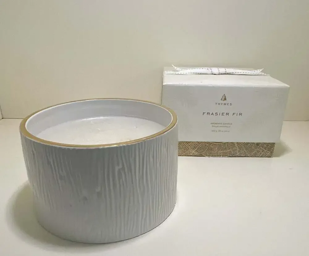 BNIB Thymes Frasier Fir Candle Large 20 oz Round White/Gold Holiday 3 Wick